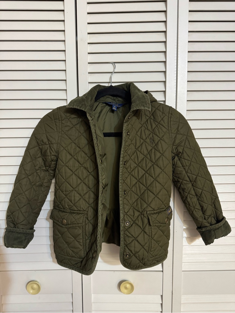 Girls Polo by Ralph Lauren Kids Quilted Jacket – Olive Green, Size 7/S